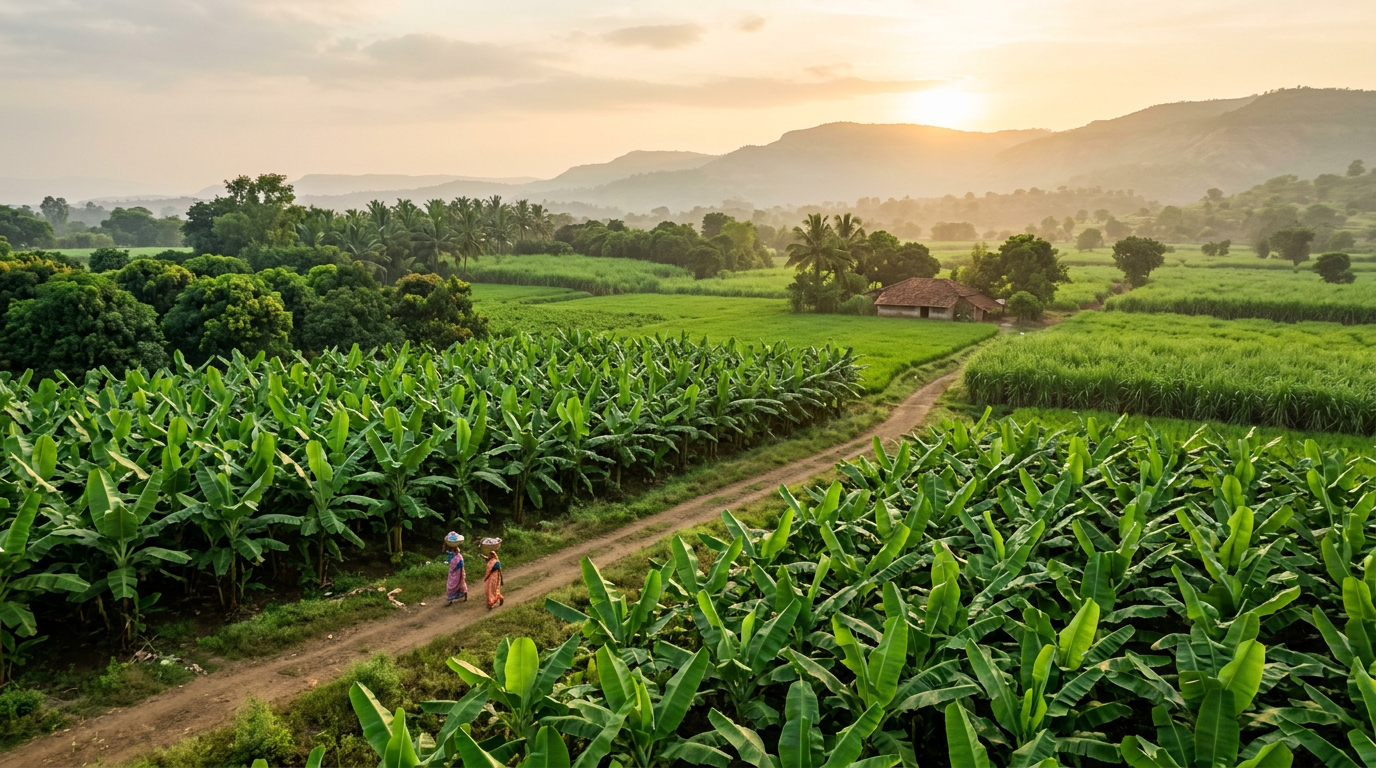 Green agricultural fields in Maharashtra at golden hour