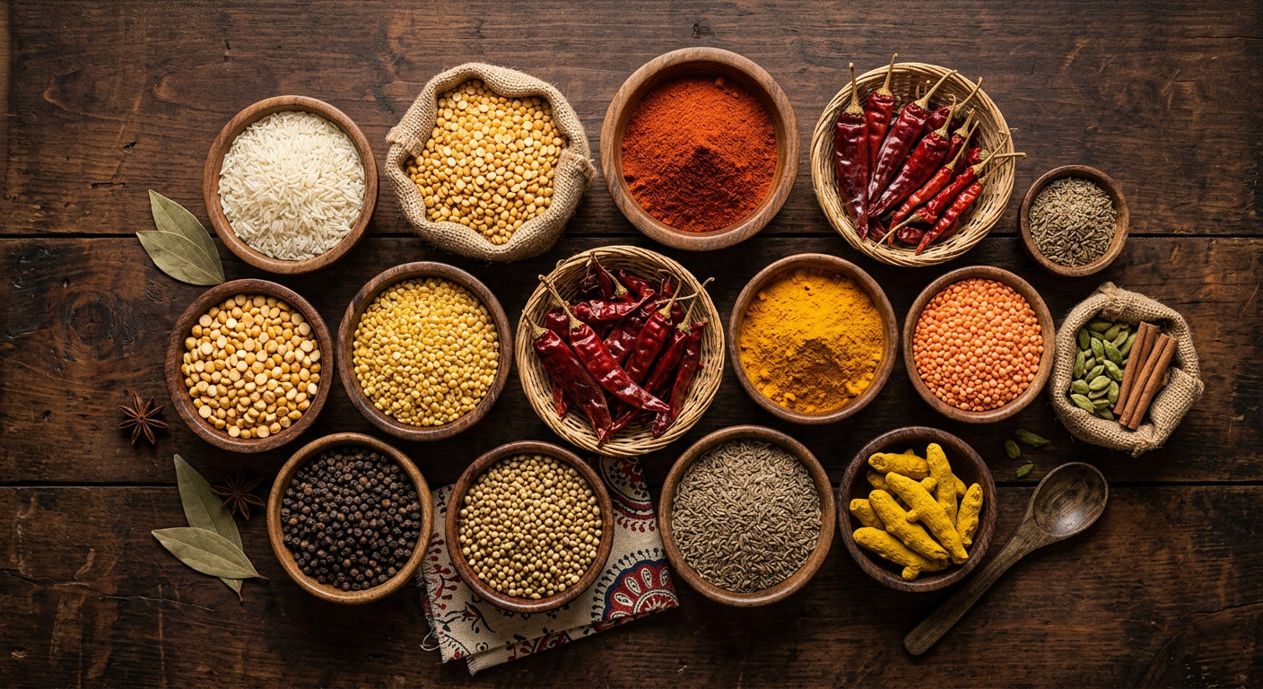 Assorted Indian grains, pulses and spices