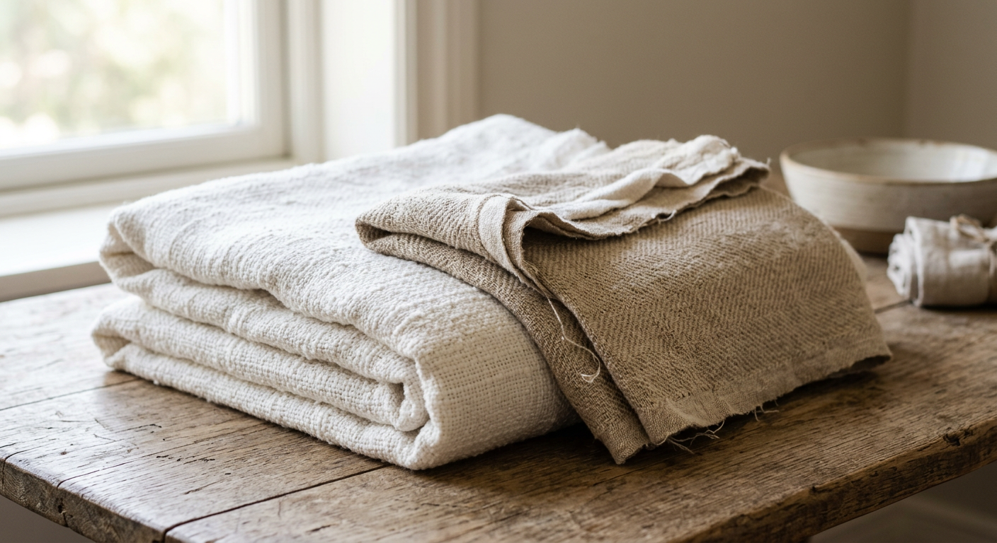 Folded natural cotton fabric with visible weave