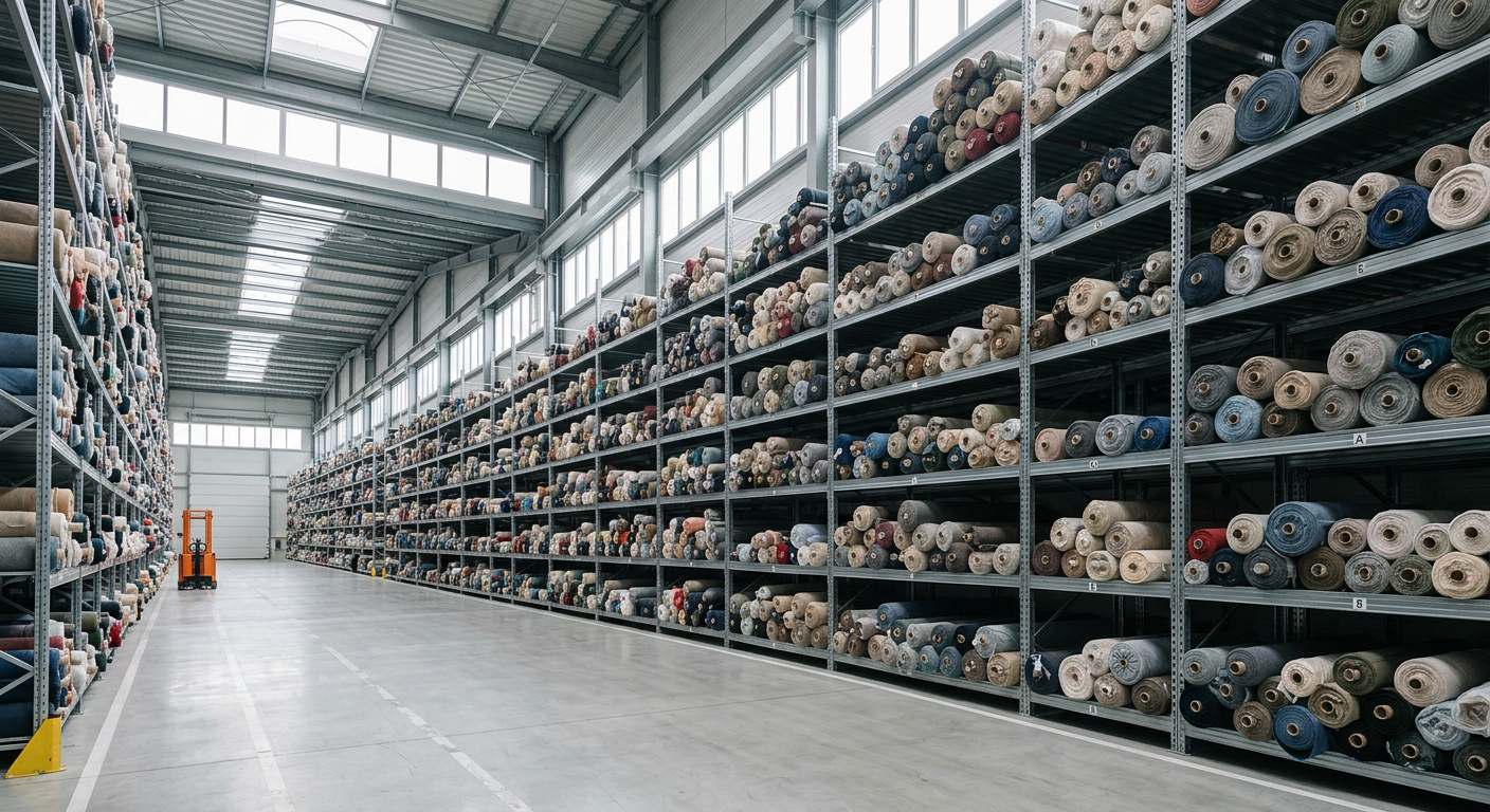 Textile warehouse with shelves of fabric rolls