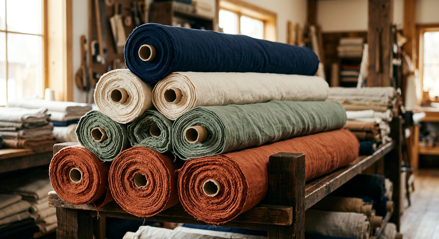 Stacked textile fabric rolls in rich colours