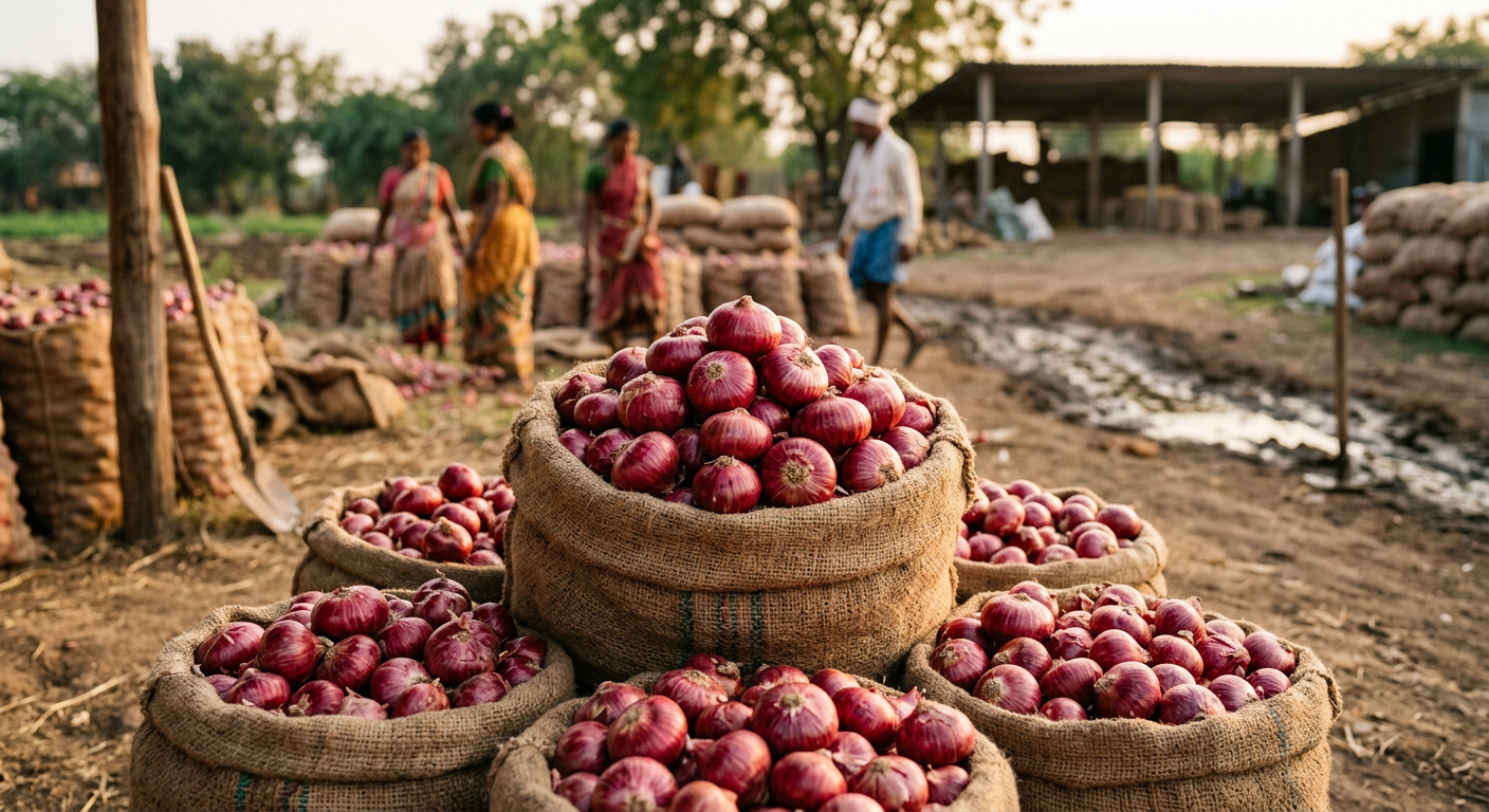 Indian red onions in jute sacks